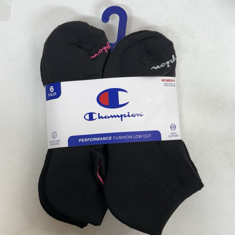 6 Pack Champion Women's Cushion Low Cut Socks Shoe Size 4-10 Black